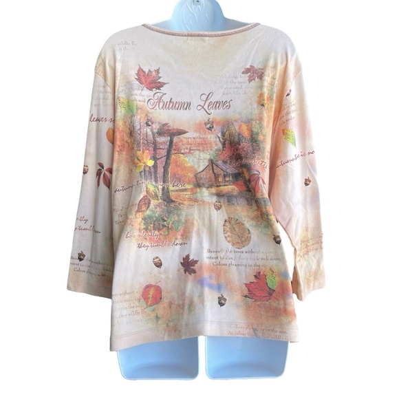 Studio Gem Q Rhinestone Studded Top Women's 2XL 3/4 Sleeve Autumn Leaves Blouse - Picture 2 of 4